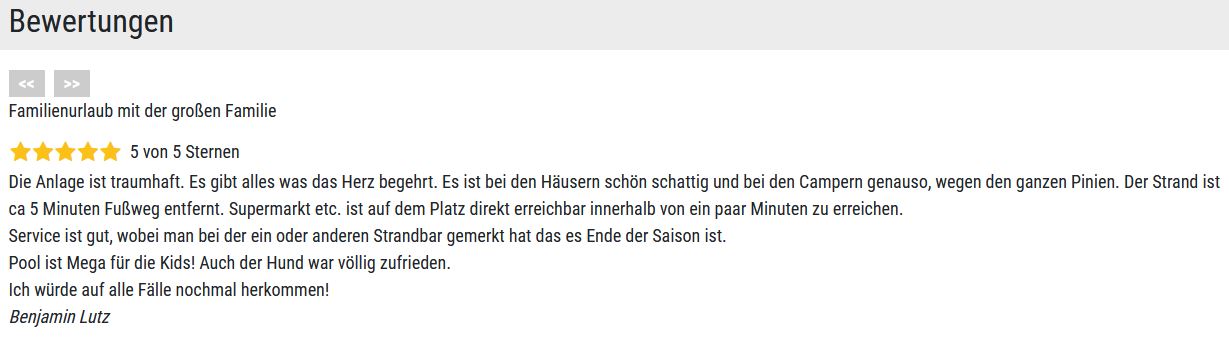 Screenshot einer Kundenbewertung für Camping Village Mare e Pineta