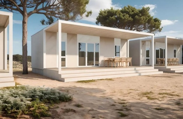moderne häuser auf einem sand strand.
