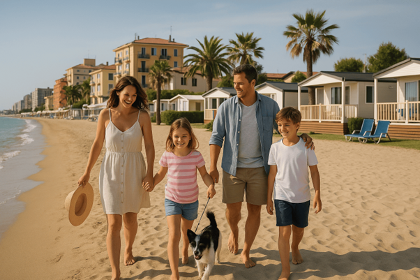 Glückliche Familie am Strand mit Hund